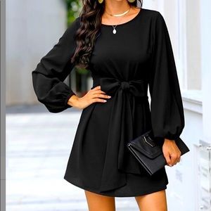 Black Tie-Waist Puff-Sleeved A-Line Dress